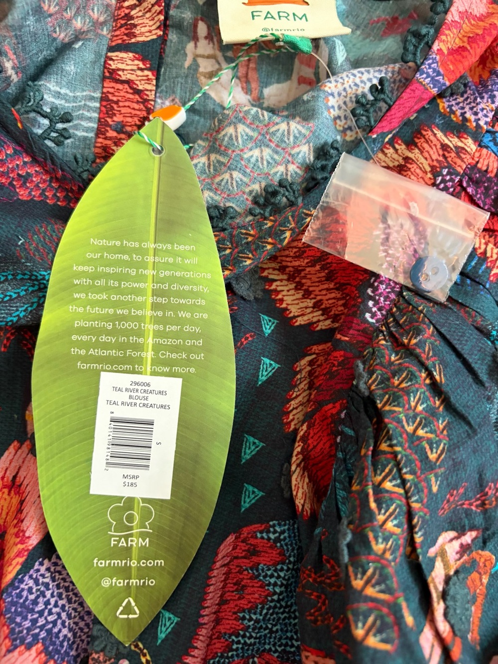 Farm Rio NWT Teal River Creatures Puff Sleeve Blouse Floral Embroidered Size S - Picture 10 of 15